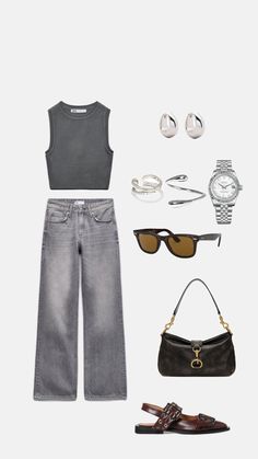 a woman's outfit and accessories including shoes, sunglasses, purse