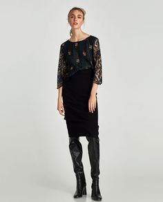 LACE TOP WITH FLORAL EMBROIDERY-NEW IN-WOMAN | ZARA United States Womens Lace Tops, Metallic Thread, Zara United States, Lapel Collar, Zara Women, Short Dress, Floral Embroidery, Cold Shoulder Dress, Lace Top