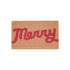 a door mat with the word merry written in red ink on it, against a white background