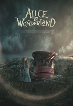 the poster for alice in wonderland is shown with an image of a woman standing next to a