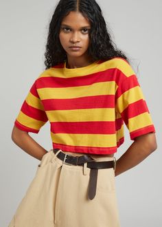 Color: Red/Mustard Cotton jersey Relaxed fit Cropped profile Crew neckline Tonal logo embroidery 100% Cotton Hand Wash Cold By The Frankie Shop. Imported Product Measurements: XS/S- 19" Shoulder, 38" Bust, 14.5" Length M/L- 20" Shoulder, 40" Bust, 15.5" Length Model is 178cm/ 5'10" wearing size XS/S Orange Cotton Crew Neck Top, Red Cropped Crew Neck T-shirt For Summer, Yellow Cotton Crew Neck Top, Mustard Crew Neck Casual T-shirt, Red Cotton Cropped T-shirt Casual, Red Cropped Cotton T-shirt Casual, Red Cropped Cotton T-shirt Casual Style, Red Retro Relaxed Fit Tops, Retro Red Crew Neck Top