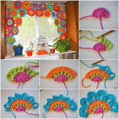 crocheted flowers are arranged in different colors and sizes, along with pictures of them