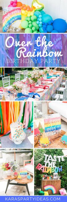 an outdoor birthday party with colorful decorations and rainbows on the table, including cake