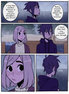 a comic strip with an image of two people in the rain, one is talking to another