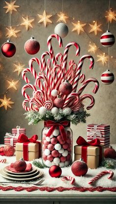 candy canes, candies and christmas decorations in a glass jar on a table