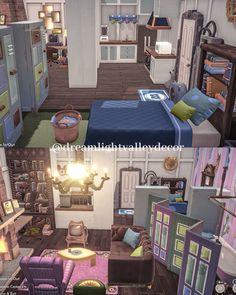 an animated view of a bedroom and living room in a dollhouse with lots of furniture