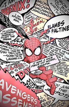 an image of spider - man surrounded by comic characters and words that say, avengers assembles himself