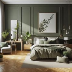 a bedroom with green walls and wooden floors