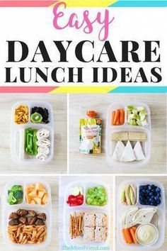 an easy lunch box with different foods in it and the words, easy day care lunch ideas