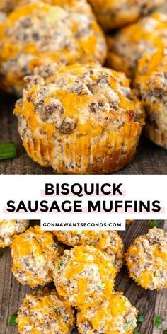 sausage muffins on a wooden table with the title in the middle and an image of