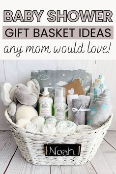 a baby shower gift basket with the words, baby shower gift ideas any mom would love