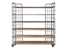 a metal and wood shelving unit with four shelves