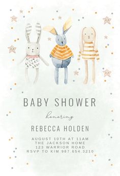 a baby shower is shown with three rabbits and stars on the background, including an orange striped