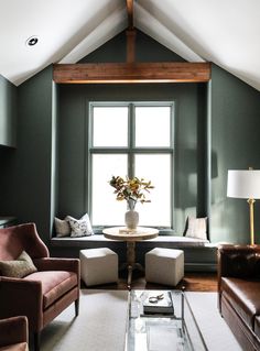 a living room with two couches and a coffee table in front of a window