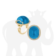 JR0130-LBT 'Rock 'N Roll' London Blue Topaz Oval Cabochon Ring in 18K Yellow Gold Stone Size: 20 x 17 mm Diamonds: G-H / VS, Approx Wt: 0.31 Cts Luxury Oval Cabochon Jewelry With Gemstone Accents, Luxury Oval Cabochon Rings With Gemstone Accents, Cabochon Ring, Gold Stone, Pendant Rings, London Blue Topaz, London Blue, Ring Collections, Oval Cabochon