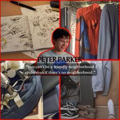 a collage of photos with the caption peter parker you can't be a friendly neighborhood spiderman if there's no neighborhood