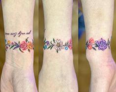 three different tattoos with flowers on both wrist and foot, one is saying you are my god