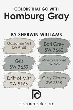 Colors that Go With Homburg Gray SW 7622 by Sherwin Williams Homburg Grey, Drift Of Mist, Gossamer Veil, Gray Clouds, Indoor Paint, Homburg, Grey Paint, Grey Clouds