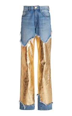 The Cortlandt Paneled Metallic Leather Straight-Leg Jeans By Brandon Maxwell | Moda Operandi Long Jeans Skirt, Jeans With Lace, Vintage Wash Jeans, Designer Jeans For Women, Digital Wardrobe, Fashion Newsletter, Metallic Jeans, Denim Art, Leather Panel