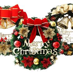 two christmas wreaths with bells and bows on them, one has merry christmas written on it