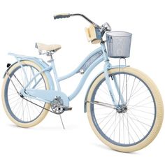 a white bicycle with blue rims and a basket on the front, against a white background