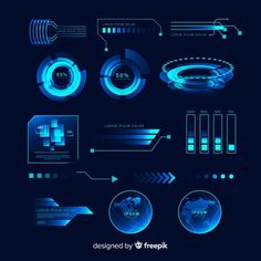 blue futuristic info graphics set with arrows and circles on dark background, eps file available