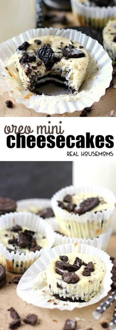 chocolate chip cheesecakes with oreo cookies on top and in paper cups, ready to be eaten