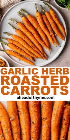 garlic herb roasted carrots on a white plate with the title above it in orange text