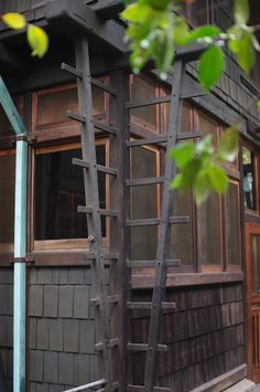 an old wooden ladder leaning against the side of a building next to a green tree