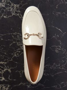 GUCCI Jordaan horsebit-detailed patent-leather loafers White Gucci Loafers For Work, Elegant White Slip-on Tassel Loafers, White Leather Gucci Loafers, Chic Horsebit Detail Slip-on Loafers, Elegant Slip-on Calf Leather Loafers, White Flat Leather Shoes For Formal Occasion, White Elegant Tassel Loafers For Galas, Elegant White Tassel Loafers For Business, Elegant White Tassel Loafers For Galas