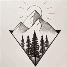 a drawing of mountains and trees with the sun coming out from behind them on an iphone screen