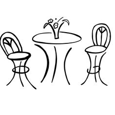 two chairs and a table with a flower on it coloring page for kids, free printable