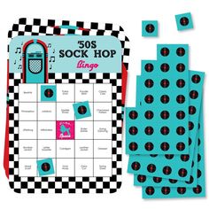 a board game with lots of blue and black squares on the front, surrounded by stickers that say 50s sock hop