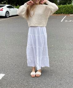 White Tier Skirt Outfit, Beige Boho Outfit, Summer Flowy Skirt, Sundress And Sweater Outfit, Flowy Modest Outfits, Flowy Boho Outfits, Coastal Grandma Style Outfits, Modest Coastal Outfit