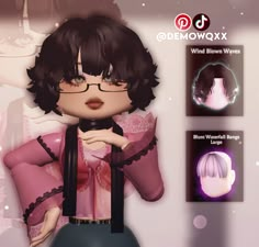 an animated image of a woman wearing glasses and a pink shirt with laces on it