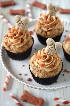 some cupcakes with frosting and dog treats on a white plate next to candy canes