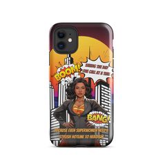 a phone case with an image of a woman wearing a suit and texting on it