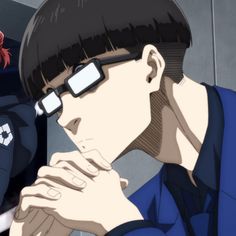 two anime characters one with glasses and the other with red hair, both staring at something