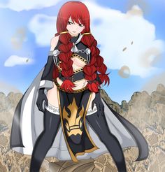 an anime character sitting on top of a rock with her red hair and black outfit