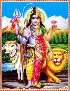 the hindu god sitting on top of a lion and holding a flower in his hand