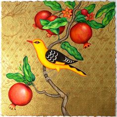 a painting of a bird sitting on a tree branch with fruit in the back ground