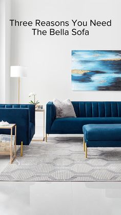 a living room with blue couches and an art piece on the wall above it