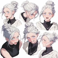 an anime character with white hair and blue eyes, wearing black shirt and silver hoop earrings