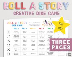 roll a story game for kids with the words roll a story and three pages on it