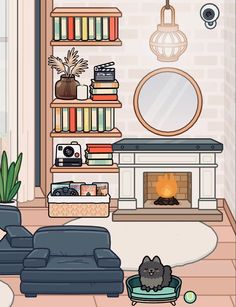 a living room filled with furniture and a cat laying on the floor in front of a fire place