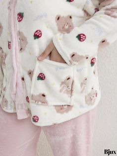 Bjux - Womens Plus Size Cozy Flannel Pajama Set with Strawberry & Cartoon Bear Print - Long Sleeve Button Up Top and Pants with Pockets - Perfect Home Wear Two Piece Set Cozy Sleepwear With Pockets For Pajama Party, White Sleepwear With Pockets For Sleepover, White Buttoned Sleepwear For Sleepover, White Buttoned Sleepwear For Pajama Party, Flannel Pajama Sets, Cozy Pajamas, Cozy Flannel, Flannel Pajamas, Cartoon Bear