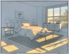 a drawing of a bedroom with a bed, dresser and window in the background at sunset