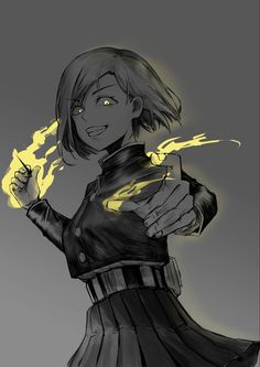 a drawing of a woman holding a cup with yellow flames coming out of her hands