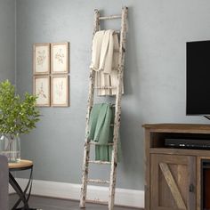 a living room with a ladder leaning up against the wall next to a tv and fireplace