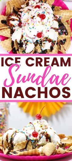 ice cream sundae nachos on a pink plate